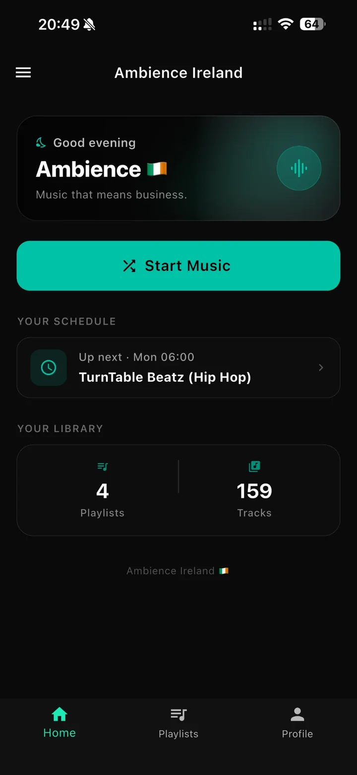 The Ambience Ireland app home screen, showing playlists grouped by venue type