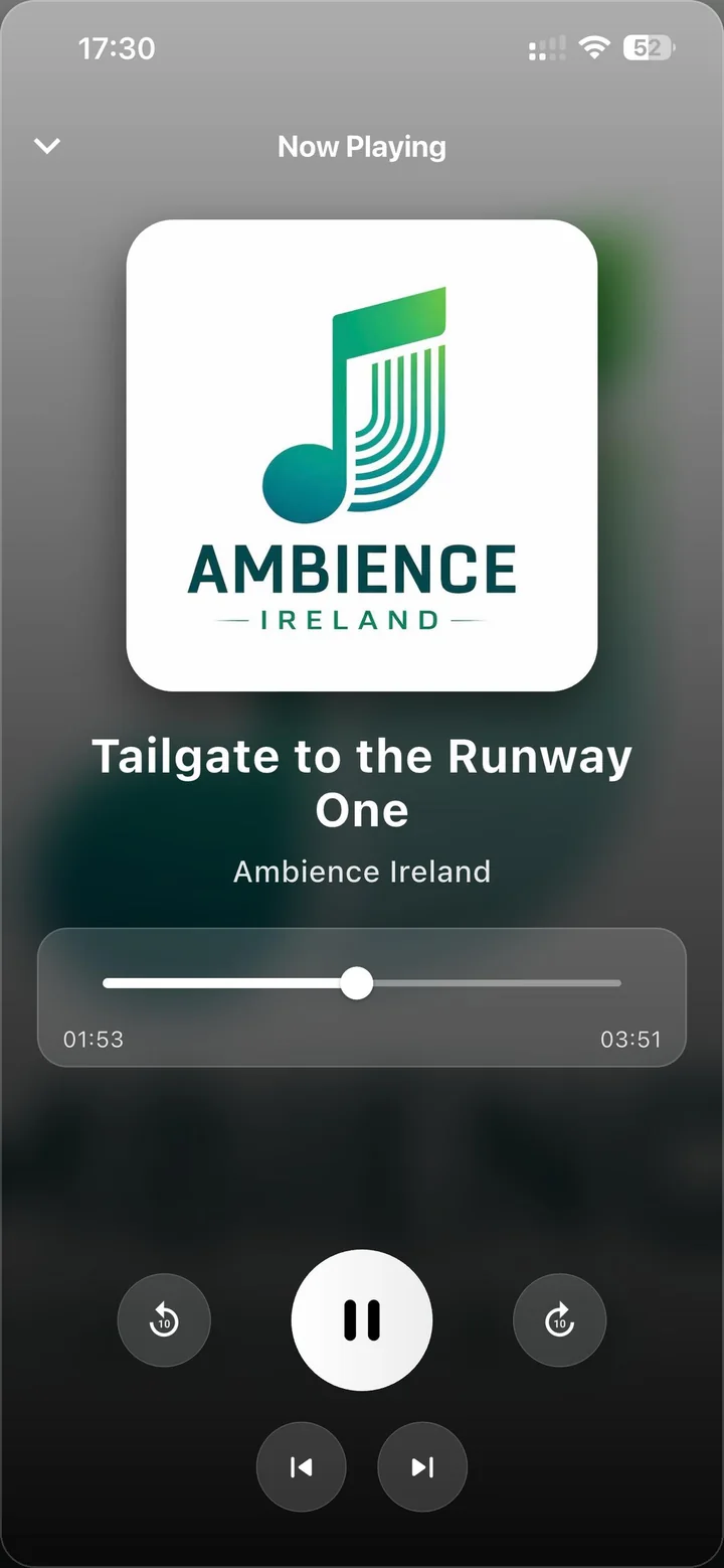 The Ambience Ireland now playing screen with track controls