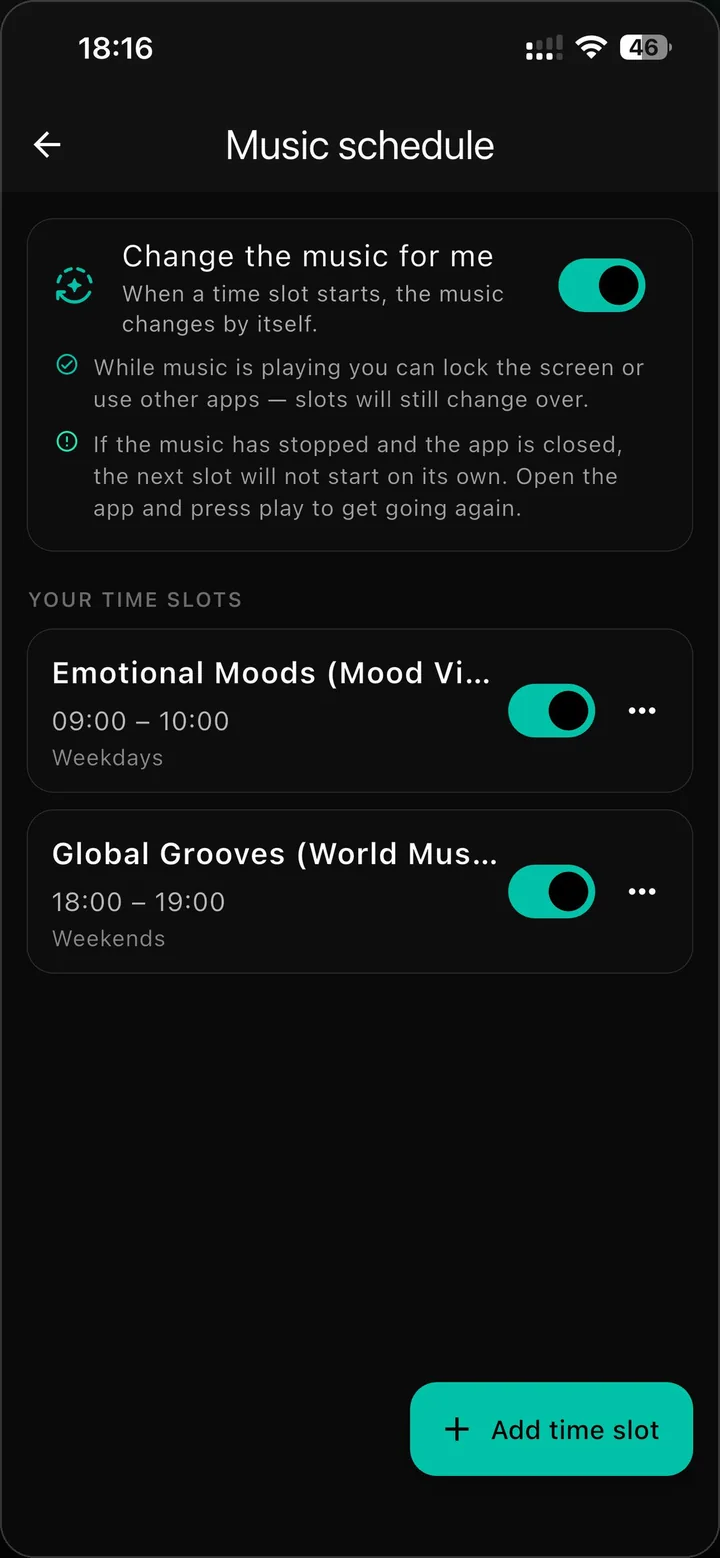 The music schedule screen, showing time slots for weekdays and weekends